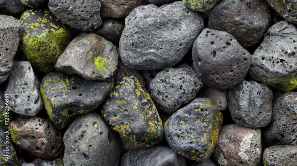 Textured volcanic rocks with green moss and lichen, showcasing natural patterns and colors. Perfect for nature themed projects or backgrounds Textured volcanic rocks with green moss and lichen, showcasing natural patterns and colors. Perfect for nature themed projects or backgrounds
