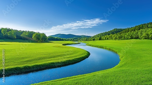 A serene river meanders through a vibrant green meadow