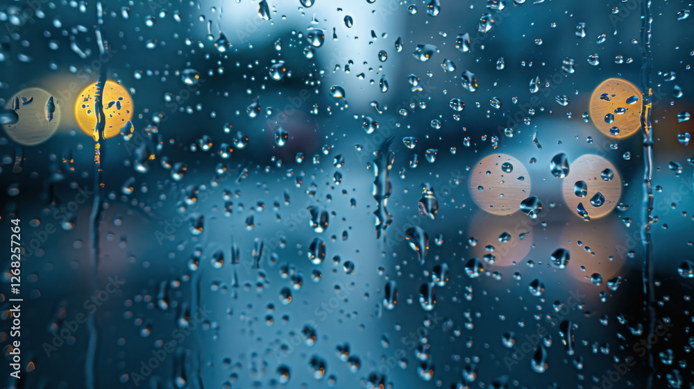 Naklejka premium Rain droplets on window create blurred view of city lights, evoking calm and reflective mood. soft bokeh effect enhances serene atmosphere