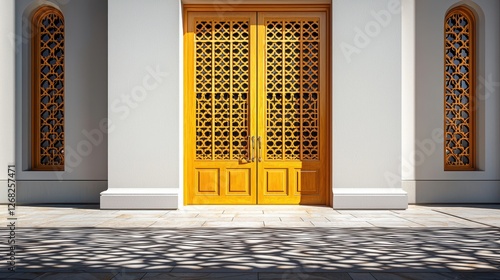 Ornate Wooden Doorway With Intricate Latticework Windows