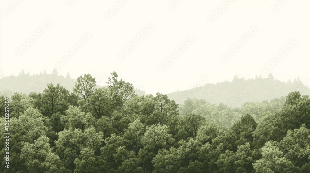 Obraz premium Serene forest landscape showcasing lush green trees under a soft, misty sky, evoking tranquility