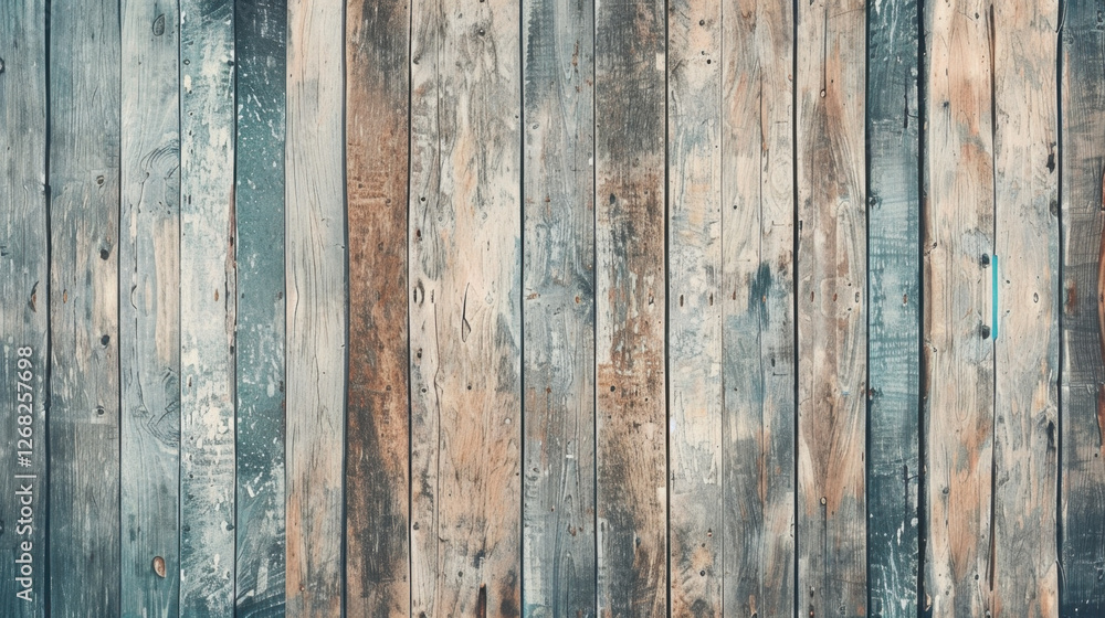 Weathered wooden planks create rustic and textured background, showcasing various shades of blue and brown. This natural wood surface adds warmth and character to any design Weathered wooden planks create rustic and textured background, showcasing various shades of blue and brown. This natural wood surface adds warmth and character to any design
