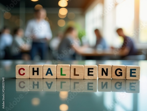 Challenge word written with wooden cubes on glass table in office meeting room