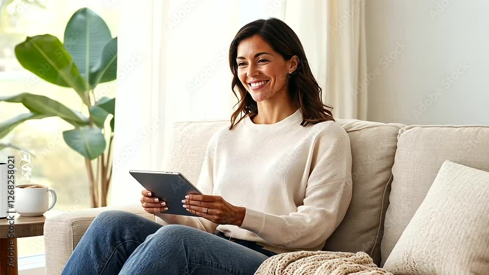 A woman enjoys leisure time on a sleek sofa, browsing a tablet in a sunlit living room. A woman enjoys leisure time on a sleek sofa, browsing a tablet in a sunlit living room.