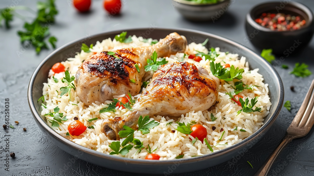 Delicious Eid Mubarak Roasted Chicken with Rice, Herbs, and Cherry Tomatoes Delicious Eid Mubarak Roasted Chicken with Rice, Herbs, and Cherry Tomatoes