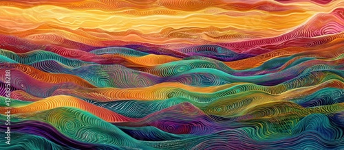 Abstract colorful landscape with swirling hills and vibrant sunset.