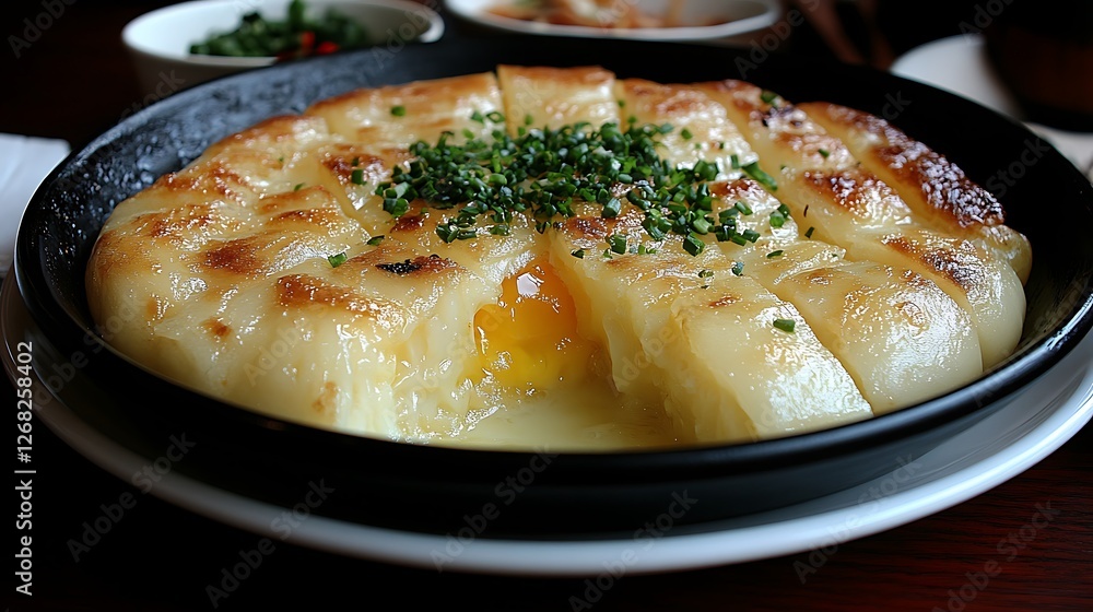 Golden Crust and Gooey Center: A close-up shot of a delectable, freshly baked cheesy potato bake with a crispy golden crust and a gooey, melted center. The dish is divided into eight slices. Golden Crust and Gooey Center: A close-up shot of a delectable, freshly baked cheesy potato bake with a crispy golden crust and a gooey, melted center. The dish is divided into eight slices.