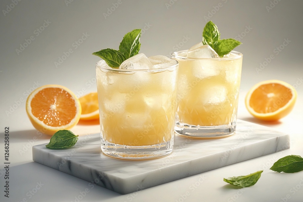 Refreshing citrus cocktail with ice cubes and fresh mint leaves, served in elegant glasses on a marble board, surrounded by juicy orange slices Refreshing citrus cocktail with ice cubes and fresh mint leaves, served in elegant glasses on a marble board, surrounded by juicy orange slices