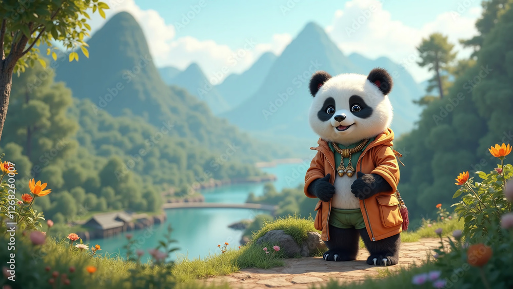 A whimsical panda in an orange jacket enjoying the serene beauty of nature. A whimsical panda in an orange jacket enjoying the serene beauty of nature.