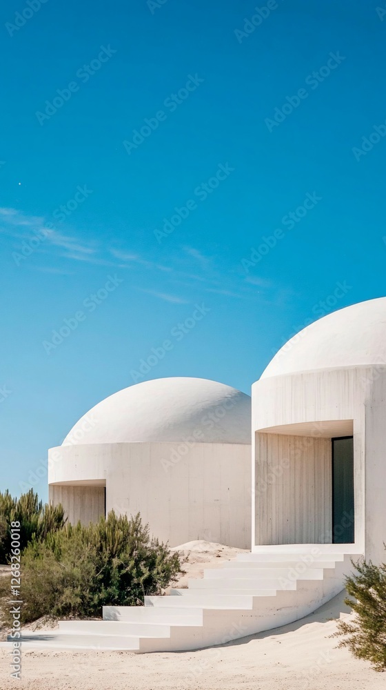 Fototapeta premium Desert dome houses, blue sky, steps, shrubs. Architectural design