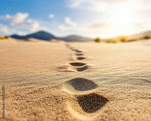 Desert footprints leading to mountains sunset