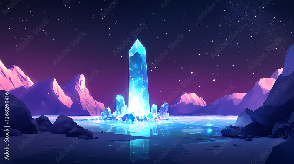 Naklejka premium A towering crystal spire rising from a frozen lake, surrounded by sparkling ice formations and glowing lights under a starry night sky. Illuminated Ice Spires. Illustration