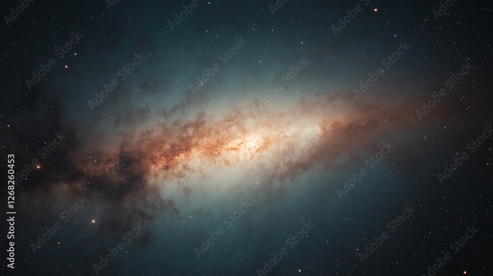 Fototapeta premium Spiral Galaxy In Teal And Orange Hues Against Dark Starry Background