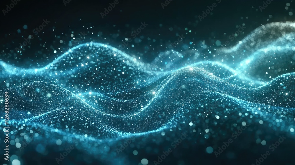 Abstract visualization of shimmering blue waves with sparkling particles, creating a dynamic background Abstract visualization of shimmering blue waves with sparkling particles, creating a dynamic background