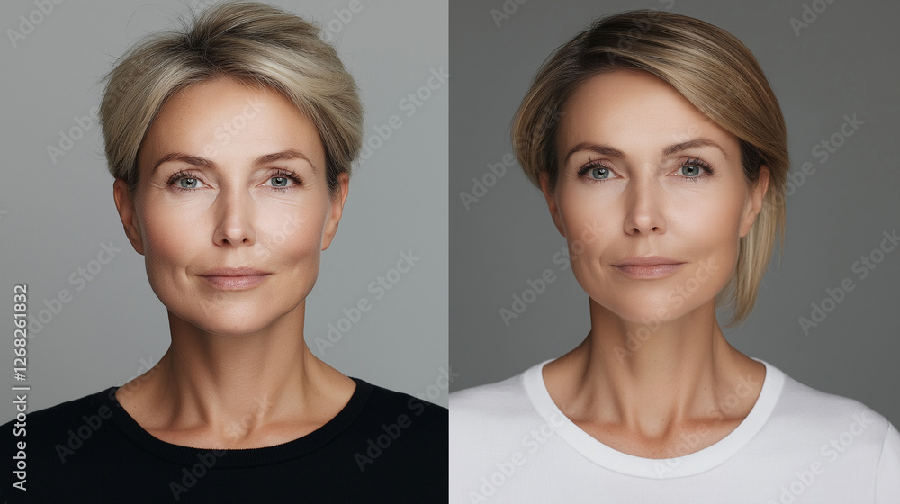 Woman showing before and after results of a haircut and styling Woman showing before and after results of a haircut and styling