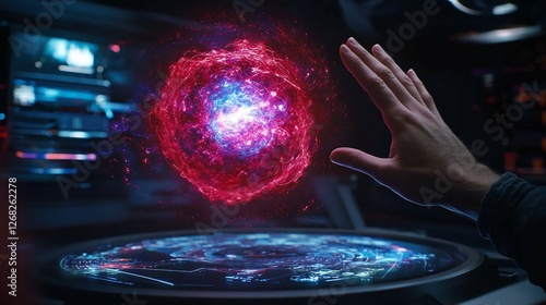 Hand interacting with glowing red-blue energy sphere above futuristic interface.
