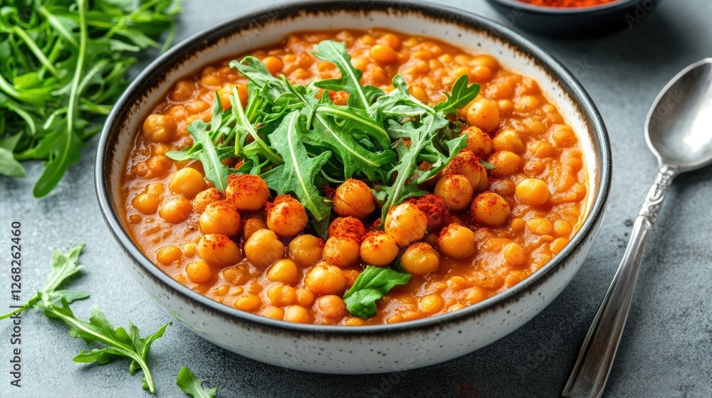 Bowl of smooth red lentil soup with crunchy paprika chickpeas, styled with fresh greens. A perfect hot vegan lunch or dinner idea, top-down composition. Bowl of smooth red lentil soup with crunchy paprika chickpeas, styled with fresh greens. A perfect hot vegan lunch or dinner idea, top-down composition.