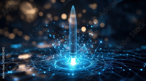 Futuristic skyscraper with digital wireframe missile model and connected lines representing technology innovation