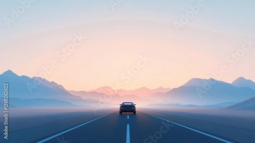 A car drives on a long road towards distant mountains at sunrise or sunset