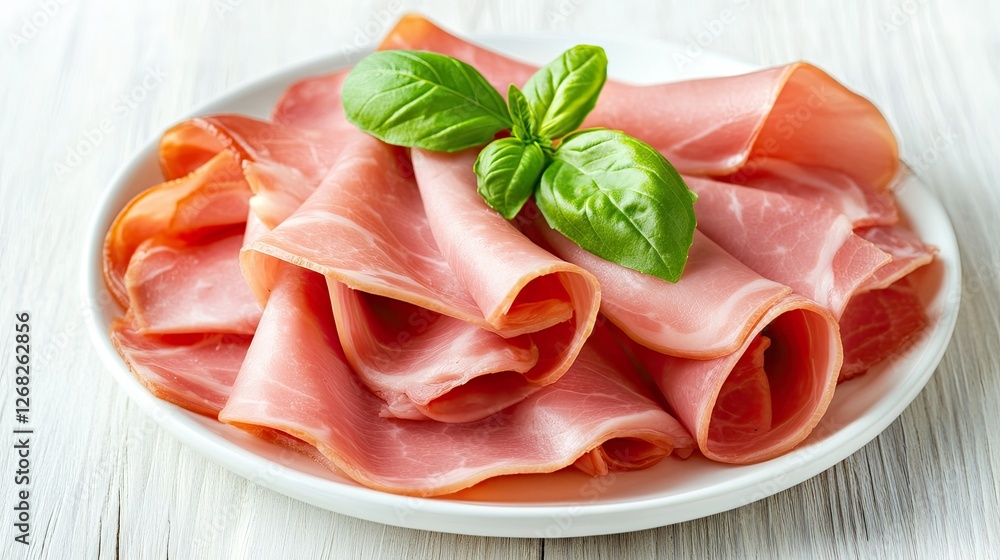 Classic food presentation turkey ham slices elegantly displayed on a white ceramic plate, garnished with basil leaves. Clean and modern composition. Classic food presentation turkey ham slices elegantly displayed on a white ceramic plate, garnished with basil leaves. Clean and modern composition.
