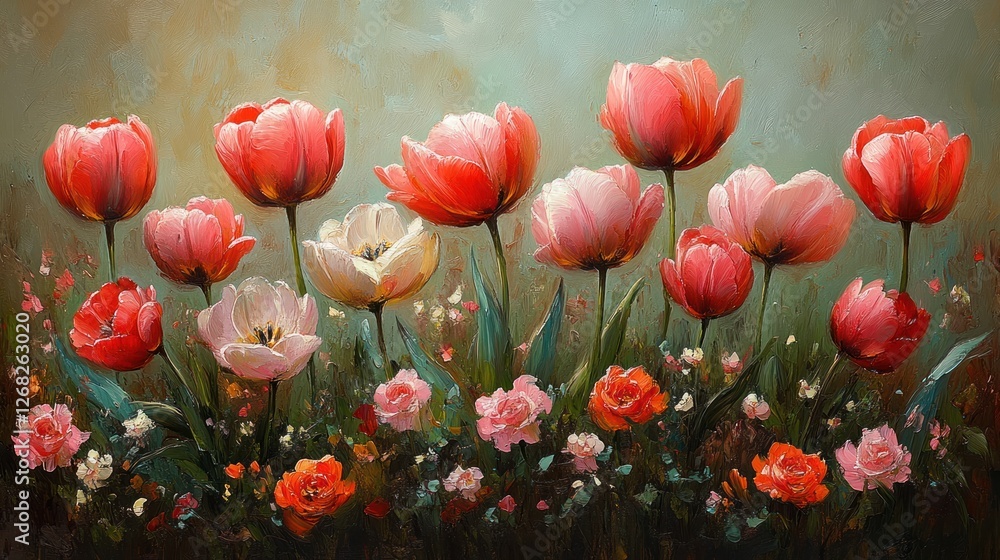 Painted Tulips and Roses in a Garden Painted Tulips and Roses in a Garden