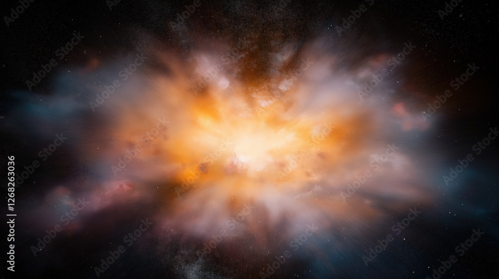 Naklejka premium Cosmic Explosion Nebula Vibrant Orange And Gold Hues of Starry Night Sky with Swirling Gaseous Cloud