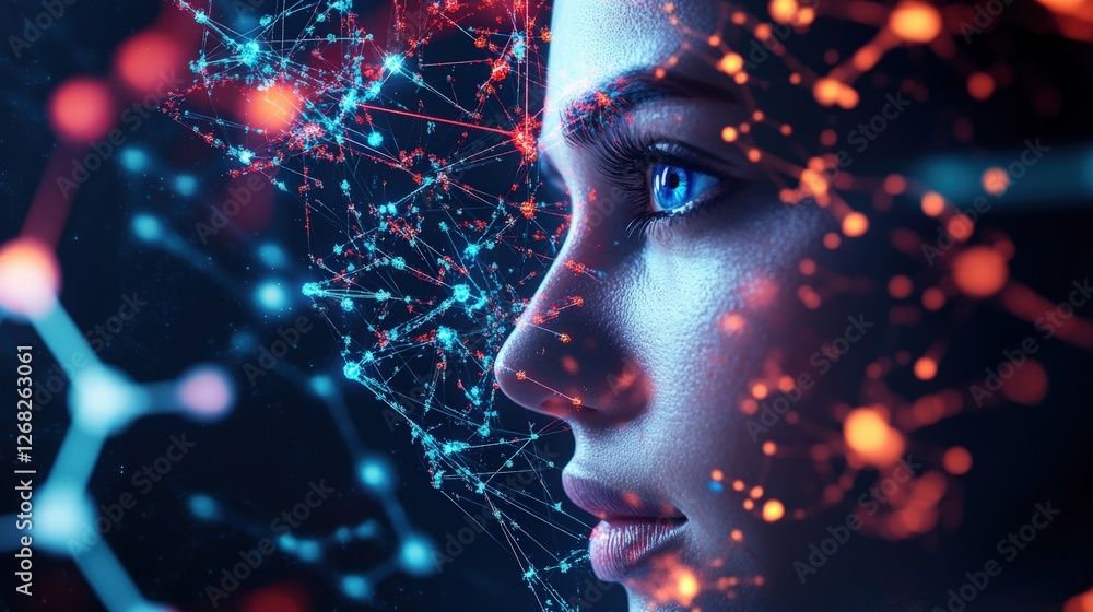 Close up of a womans face featuring blue eyes with a network of connected lines overlaying the image Close up of a womans face featuring blue eyes with a network of connected lines overlaying the image