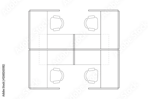 A minimalist 2d vector graphic of a office cubical design, highligthing clean lines and efficient use of space. Perfect for architectural plans and interior design concepts. Set 1
