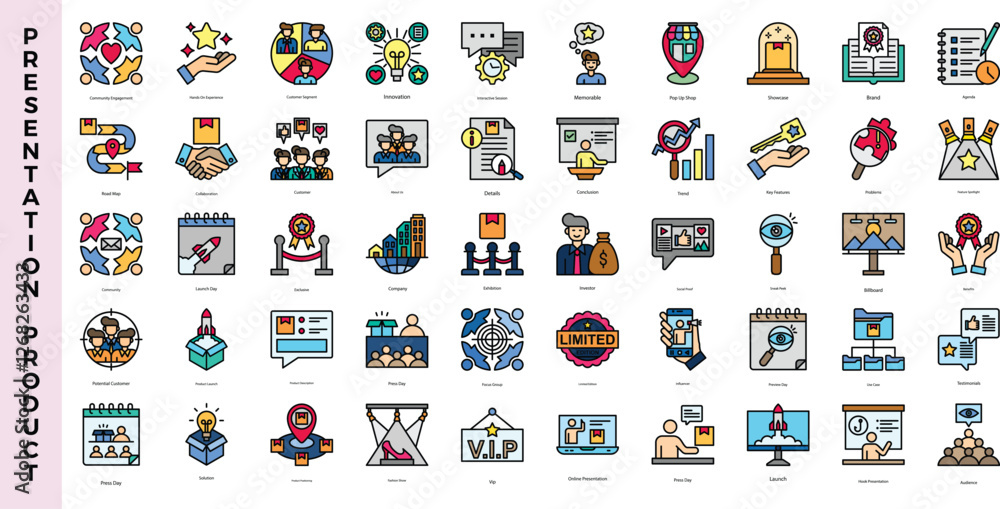 Fototapeta premium Product presentation icon set with full color fill combination