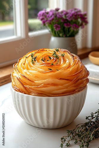 Potato Rose: A delightful and artistic potato rose dish, meticulously crafted and arranged in a white bowl, creating a stunning centerpiece for any culinary occasion. photo