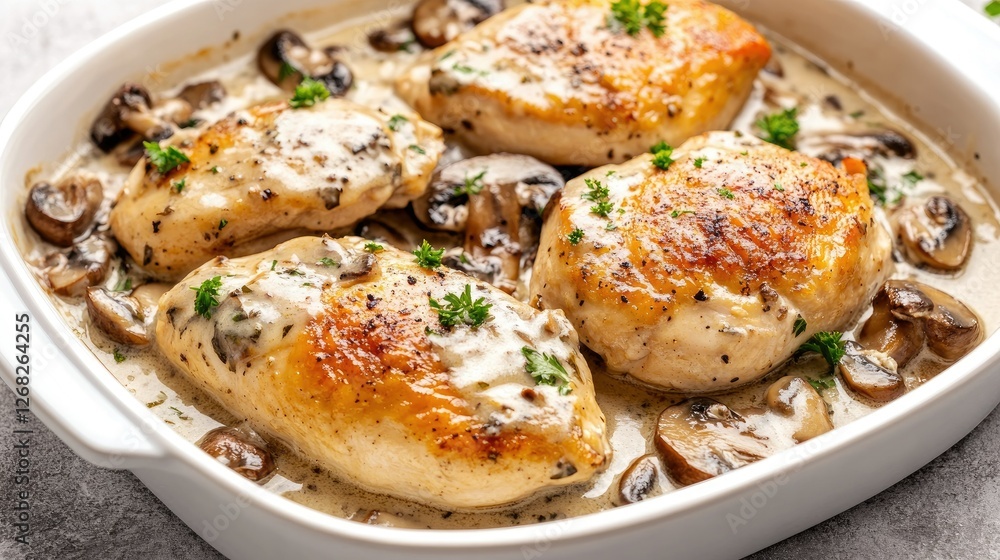 Creamy roasted chicken breast with buttery mushrooms, plated beautifully in a white dish, set on a neutral gray concrete background. Creamy roasted chicken breast with buttery mushrooms, plated beautifully in a white dish, set on a neutral gray concrete background.