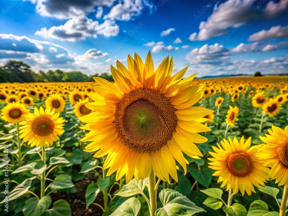 Panoramic Summer Sunflowers: Golden Blooms in a Lush Green Field Under a Bright Blue Sky Panoramic Summer Sunflowers: Golden Blooms in a Lush Green Field Under a Bright Blue Sky