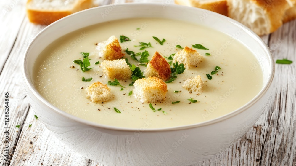 Delicious mushroom cream soup with a thick and creamy consistency, topped with croutons and herbs, placed on a rustic white wooden table. Delicious mushroom cream soup with a thick and creamy consistency, topped with croutons and herbs, placed on a rustic white wooden table.