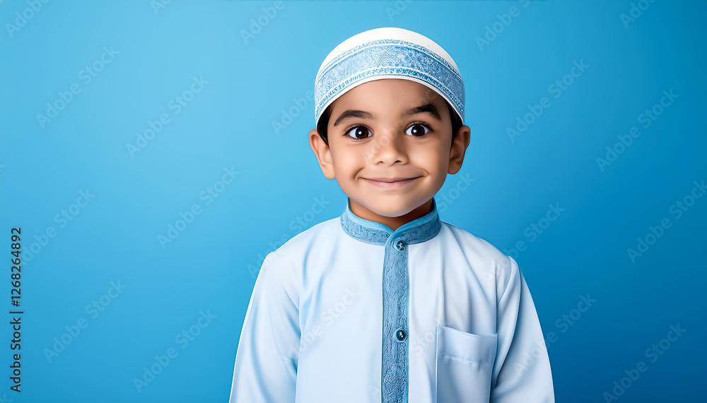 Portrait of Muslim Boy With Greeting and Welcoming Gesture Isolated on Blue Background Portrait of Muslim Boy With Greeting and Welcoming Gesture Isolated on Blue Background