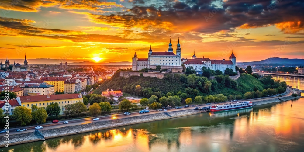 Fototapeta premium Panoramic View of Bratislava, Slovakia: Historic Cityscape and Danube River at Sunset