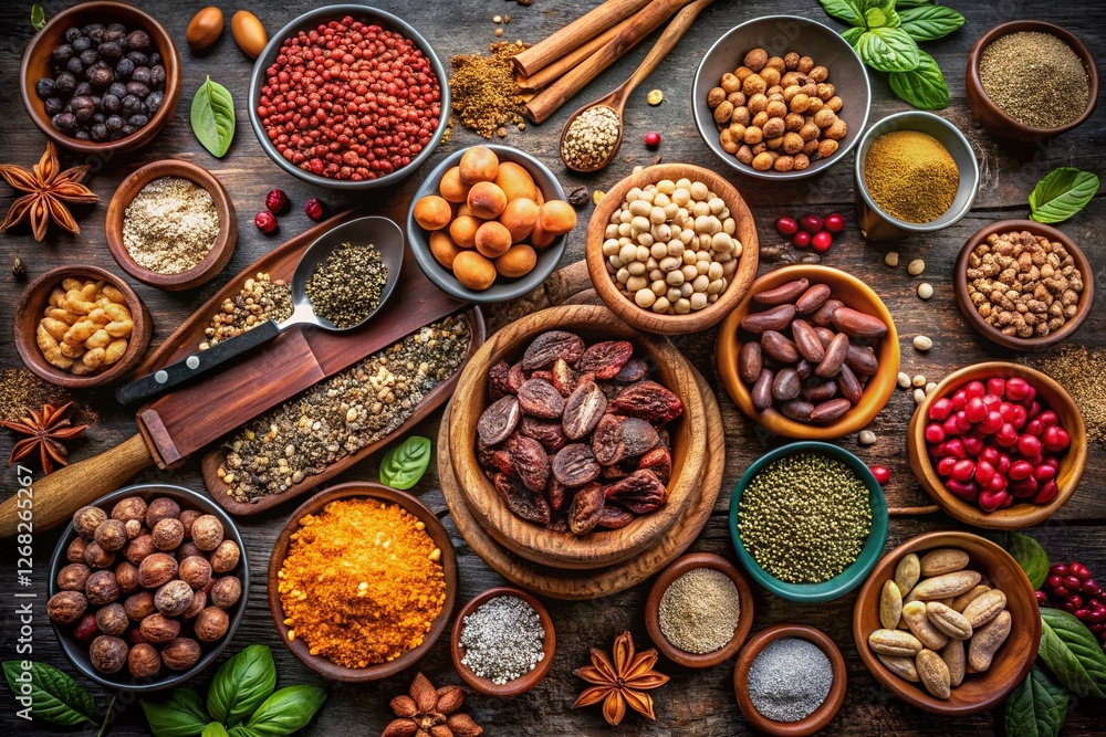 Panoramic View of Copper-Rich Foods: Chia, Pumpkin, Sunflower, Cranberry, Raisin, Sesame, Cocoa, Nuts & Soybeans – Healthy Diet Panoramic View of Copper-Rich Foods: Chia, Pumpkin, Sunflower, Cranberry, Raisin, Sesame, Cocoa, Nuts & Soybeans – Healthy Diet