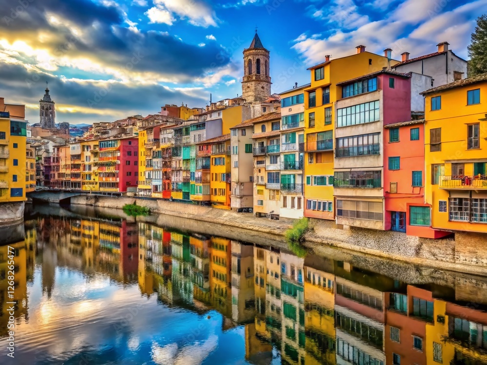Panoramic View of Girona's Iconic Onyar River & Hanging Houses, Catalonia, March 2023 Panoramic View of Girona's Iconic Onyar River & Hanging Houses, Catalonia, March 2023