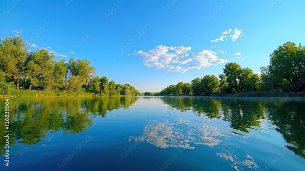 Obraz premium Serene river reflecting sky and trees in calm water