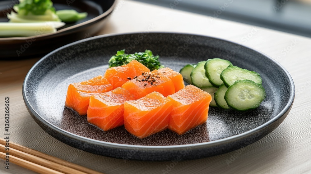 Fresh mentaiko, perfectly seasoned and placed on a Japanese ceramic plate with a side of sliced cucumbers and pickled daikon.