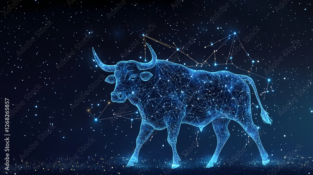 A celestial bull with constellations shines against a starry sky, representing the taurus zodiac sign and its astrological significance. Celestial Cartographers. Illustration A celestial bull with constellations shines against a starry sky, representing the taurus zodiac sign and its astrological significance. Celestial Cartographers. Illustration