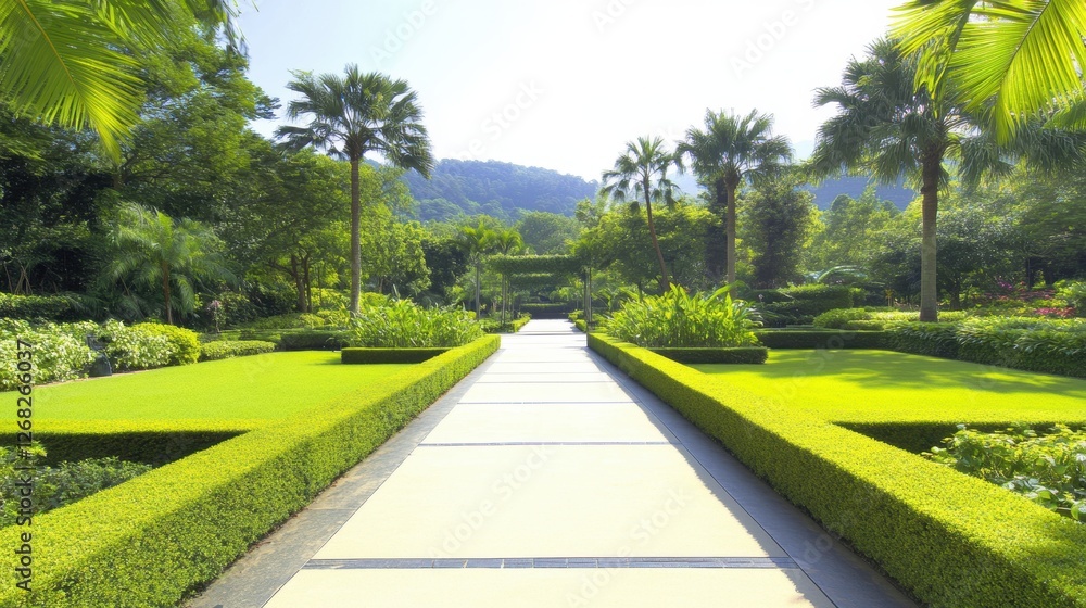 Fototapeta premium A serene garden pathway lined with lush greenery and palm trees.