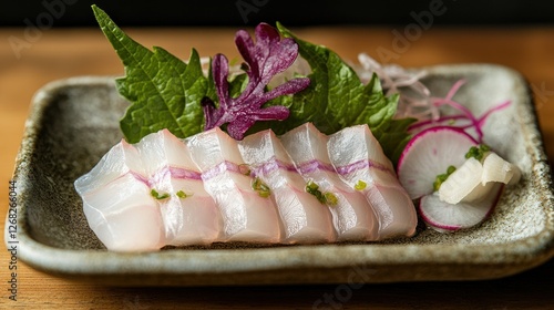 Freshly prepared ika sashimi, featuring translucent squid slices, beautifully plated with shiso leaves and daikon radish on a ceramic dish. photo