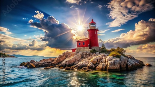 Panoramic View: Red Lighthouse on a Croatian Island