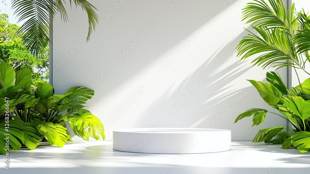 White platform surrounded by tropical plants and bright sunlight White platform surrounded by tropical plants and bright sunlight