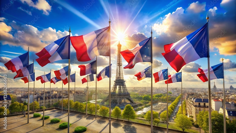 Parisian Spring Celebration: French Flags Wave in Bright Sky Parisian Spring Celebration: French Flags Wave in Bright Sky