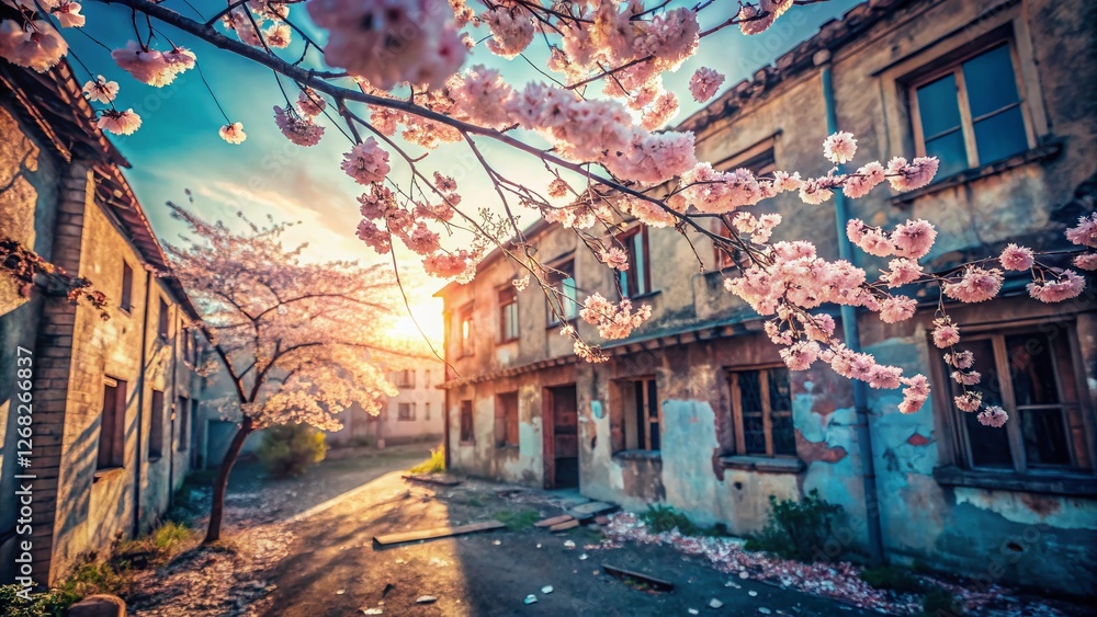 Fototapeta premium Pastel Blue Morning Light: Urban Exploration with Cherry Blossoms