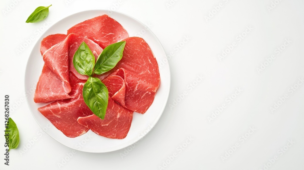 Healthy and delicious turkey ham slices with a touch of basil, presented on a clean white plate. Ideal for sandwiches, top-down view with copy space. Healthy and delicious turkey ham slices with a touch of basil, presented on a clean white plate. Ideal for sandwiches, top-down view with copy space.