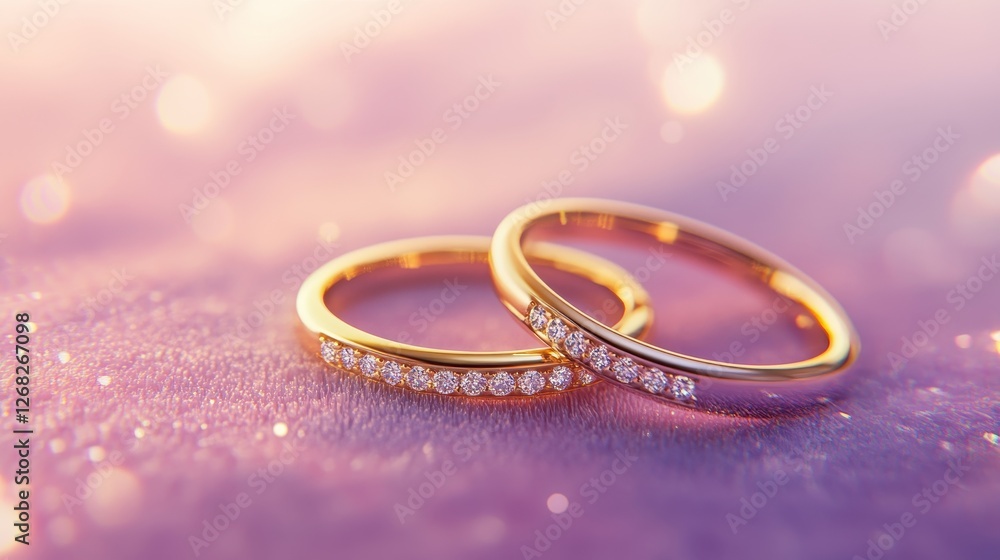 A close-up of two couple rings with small diamonds resting on a velvet surface. The soft pastel gradient background transitions from pink to lavender, with gentle light sparkles. A close-up of two couple rings with small diamonds resting on a velvet surface. The soft pastel gradient background transitions from pink to lavender, with gentle light sparkles.