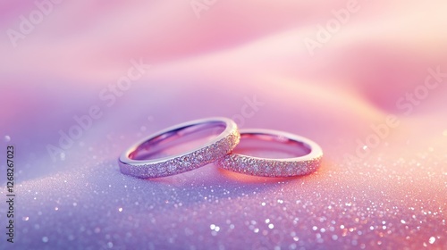 Wallpaper Mural A close-up of two couple rings adorned with small diamonds, placed gently on a velvet surface. The soft pastel gradient background transitions from light pink to lavender Torontodigital.ca