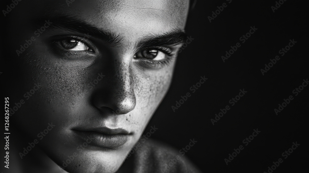 A dramatic close-up of a young man with a contemplative look, depicted in black-and-white A dramatic close-up of a young man with a contemplative look, depicted in black-and-white